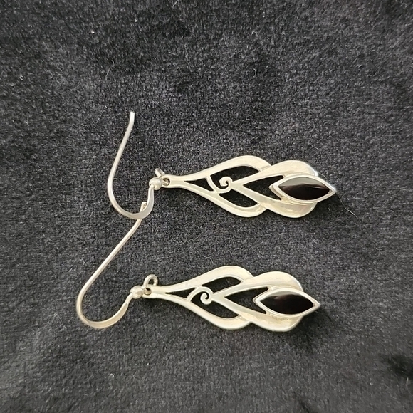 Vintage Black Agate Solid Silver Drop Earrings - Picture 4 of 6